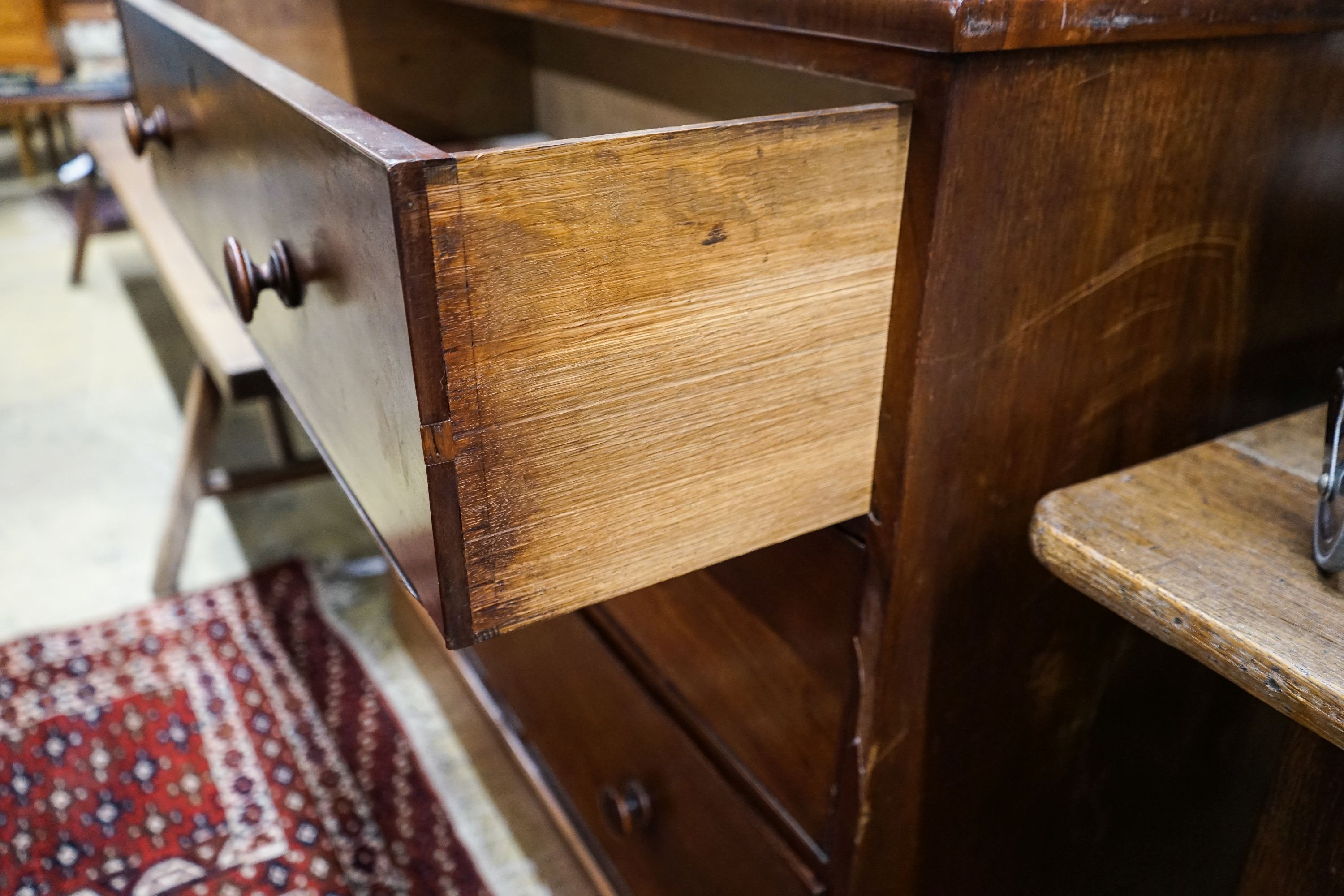 A Victorian mahogany three drawer chest, width 104cm, depth 53cm, height 98cm